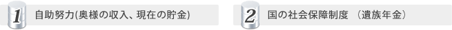 1.自助努力（奥様の収入、現在の貯金）2.国の社会保障制度（遺族年金）